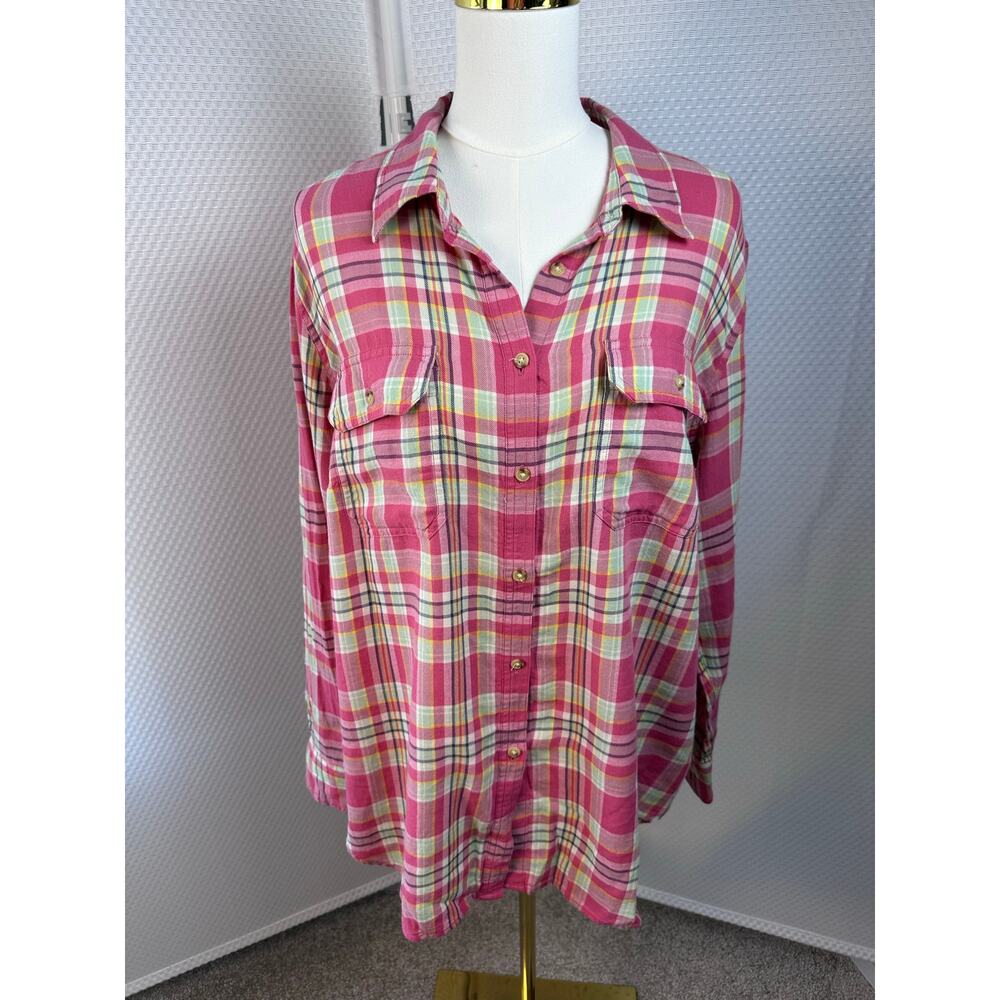 Chaps Denim Women’s 2X Pink Madras Plaid Cotton Button Down Shirt Plus